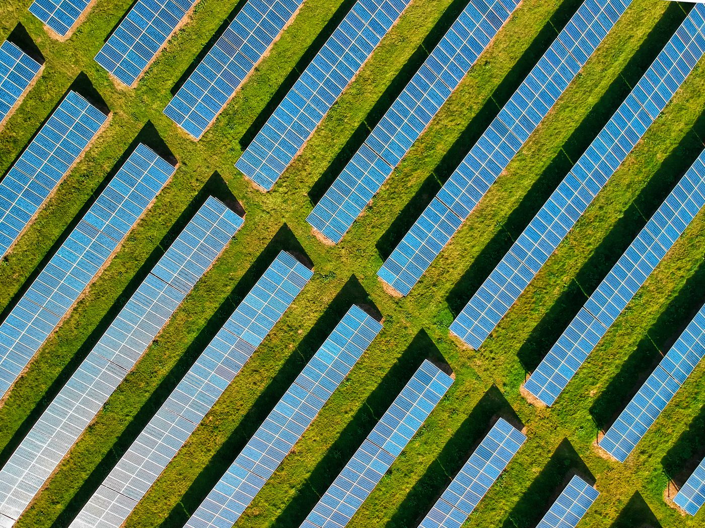 Vue aérienne de panneaux solaires au milieu de champs. Photo d’illustration.